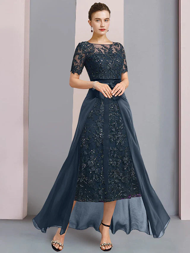 Wholesale Two Piece A-Line Mother of the Bride Dress Elegant Scoop Neck Tea Length Lace Short Sleeve with Sequin Appliques