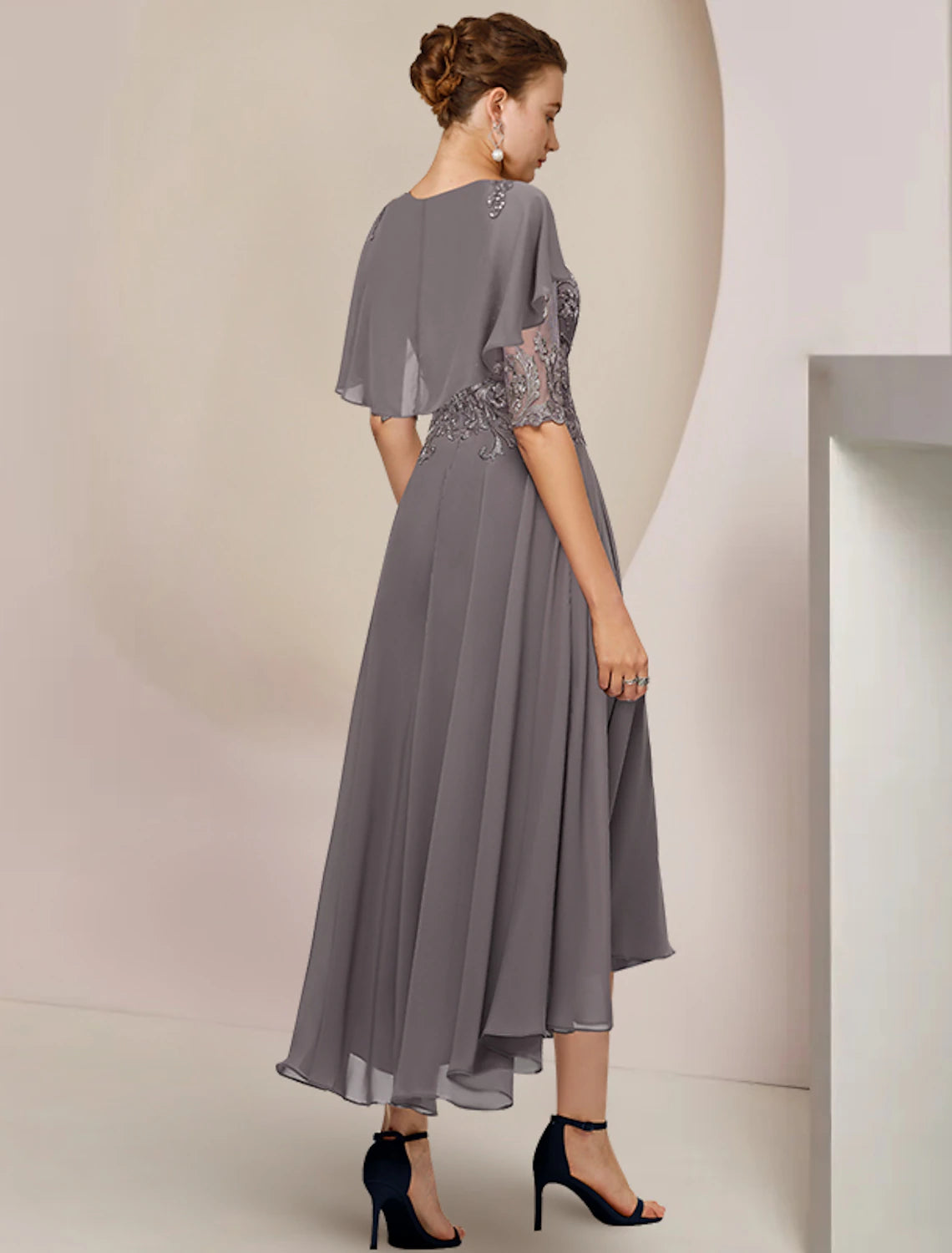 Wholesale  A-Line Mother of the Bride Dress Formal Fall Wedding Guest Elegant Scoop Neck Asymmetrical Tea Length Chiffon Lace Half Sleeve with Beading Appliques