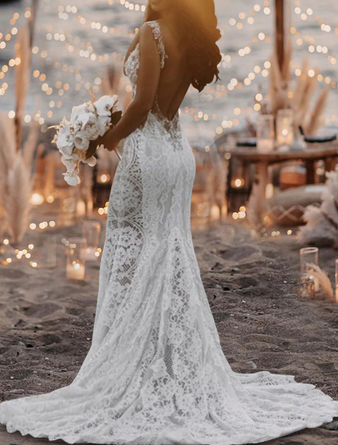 Wholesale Beach Open Back Sexy Boho Wedding Dresses Mermaid / Trumpet V Neck Sleeveless Court Train Lace Bridal Gowns With Appliques