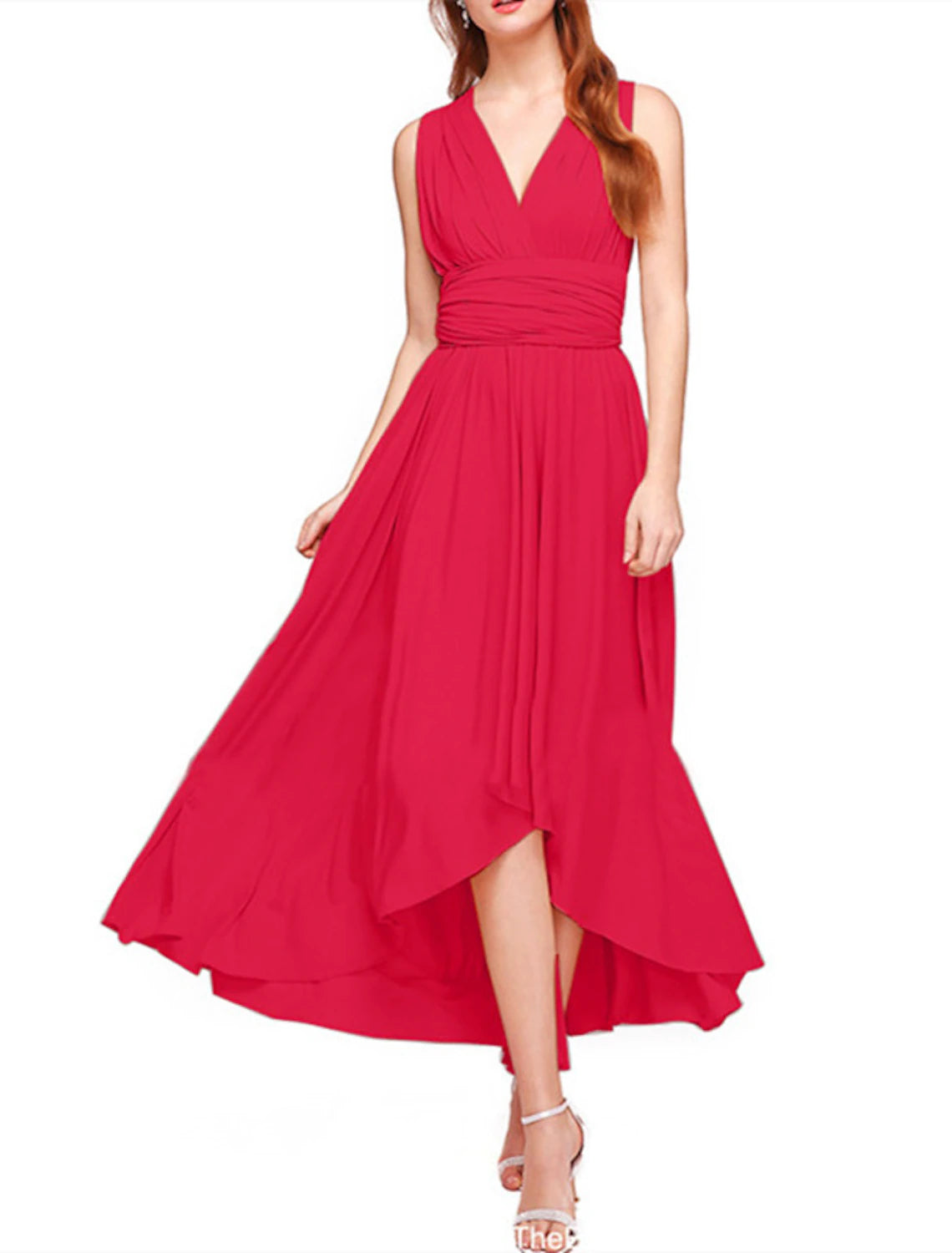 Wholesale A-Line Bridesmaid Dress V Neck Sleeveless Convertible Infinity Asymmetrical Spandex with Pleats / Solid Color