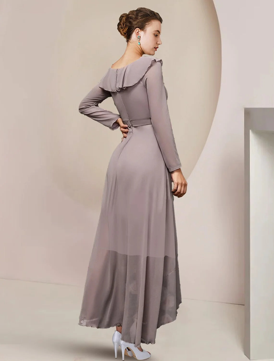 Wholesale A-Line Mother of the Bride Dress Wedding Guest Elegant V Neck Asymmetrical Ankle Length Chiffon Long Sleeve with Ruffles Solid Color