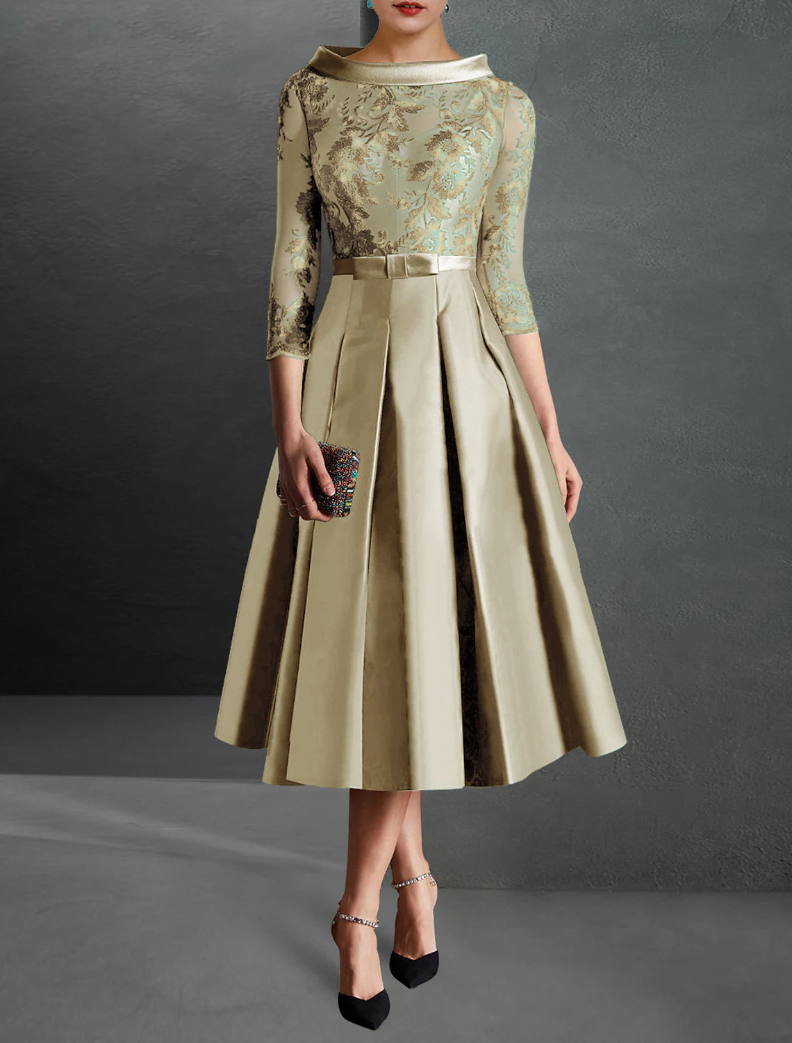 Wholesale A-Line Cocktail Dress Christmas Red Green Dresses Formal Kentucky Derby Tea Length 3/4 Length Sleeve Jewel Neck Fall Wedding Guest Satin with Pleats Appliques