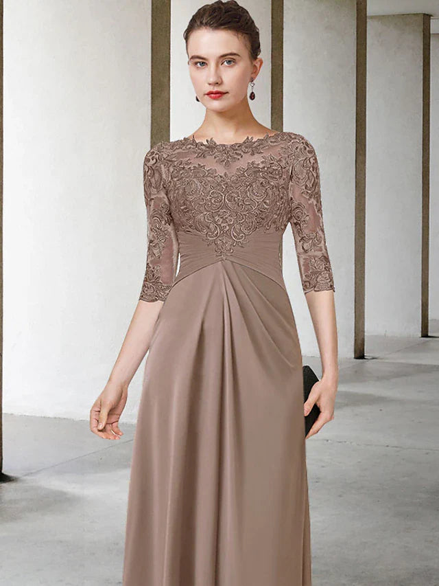 Wholesale Sheath / Column Mother of the Bride Dress Plus Size Elegant Jewel Neck Floor Length Chiffon Lace Half Sleeve with Ruched Appliques