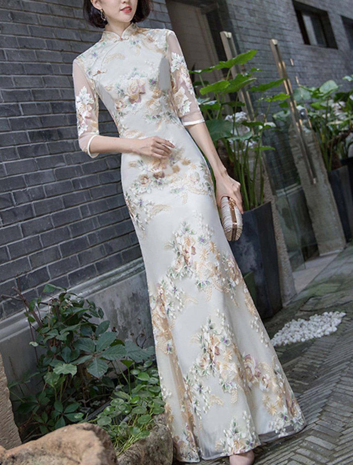 Wholesale Sheath / Column Cheongsam Chinese Qipao Vintage Wedding Guest Formal Evening Dress High Neck Half Sleeve Floor Length Satin with Embroidery
