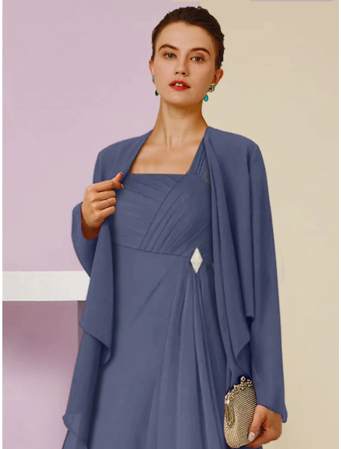 Wholesale A-Line Mother of the Bride Dress Wedding Guest Elegant Square Neck Ankle Length Chiffon Long Sleeve with Crystal Brooch Ruching