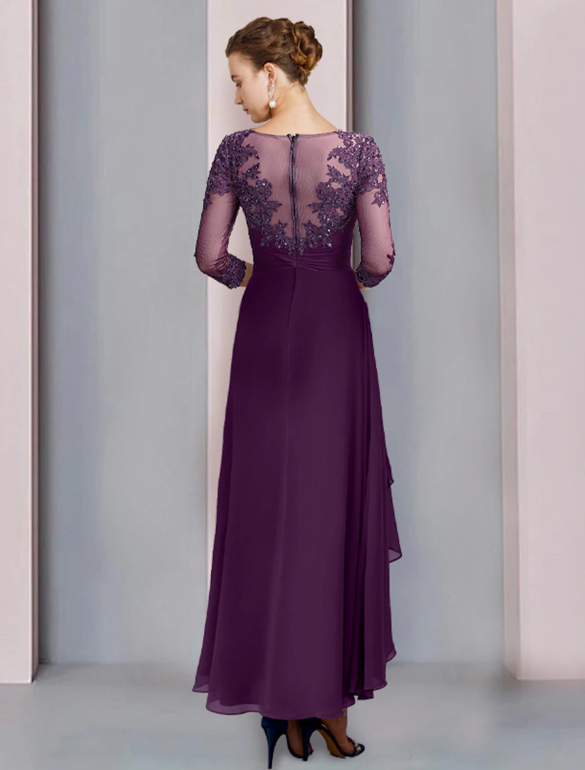 Wholesale  Sheath / Column Mother of the Bride Dress Wedding Guest Party Elegant Scoop Neck Ankle Length Chiffon Lace 3/4 Length Sleeve with Pleats Sequin