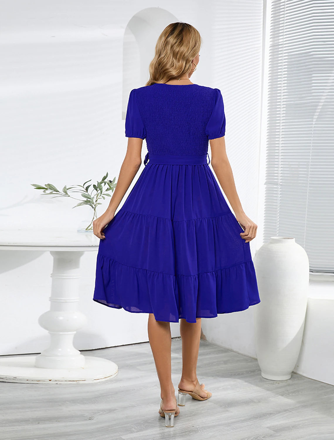 Wholesale A-Line Cocktail Dresses Party Dress Wedding Guest Cocktail Party Knee Length Short Sleeve Jewel Neck Belt / Sash Spandex with Pleats Ruched