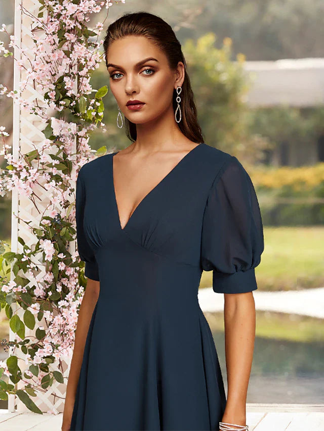 Wholesale A-Line Mother of the Bride Dress Plus Size Elegant Jewel Neck Tea Length Chiffon Short Sleeve with Pleats Solid Color