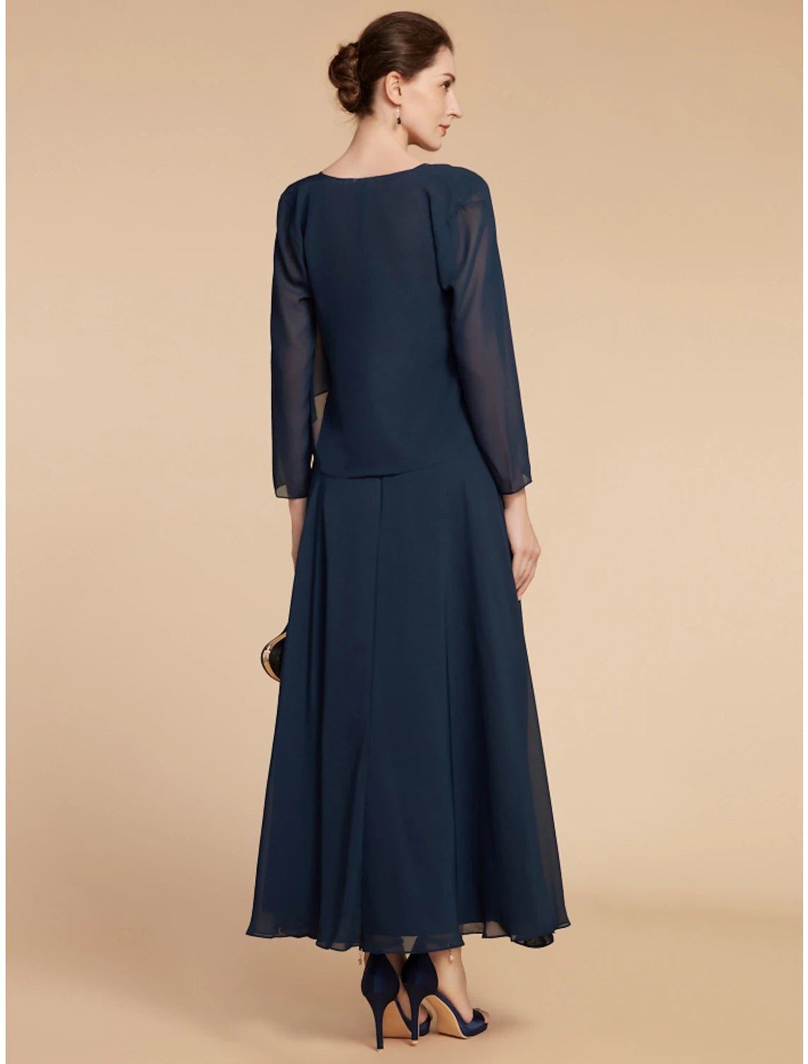 Wholesale A-Line Mother of the Bride Dress Wedding Guest Elegant Jewel Neck Ankle Length Chiffon Lace Long Sleeve with Ruching Solid Color