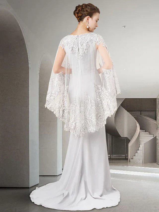 Wholesale Sheath / Column Mother of the Bride Dress Luxurious Elegant V Neck Sweep / Brush Train Chiffon Lace Long Sleeve with Beading Appliques