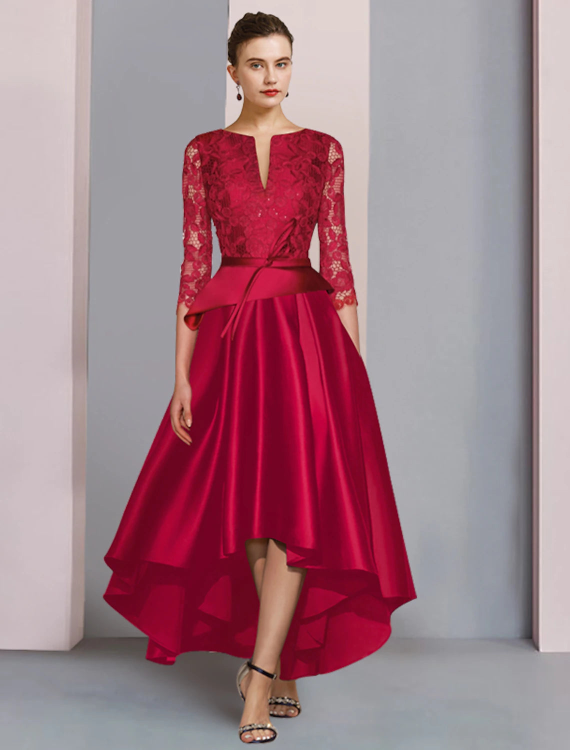 Wholesale  A-Line Mother of the Bride Dress Formal Fall Wedding Guest Party Elegant High Low Scoop Neck Asymmetrical Tea Length Satin Lace 3/4 Length Sleeve with Bow(s) Pleats
