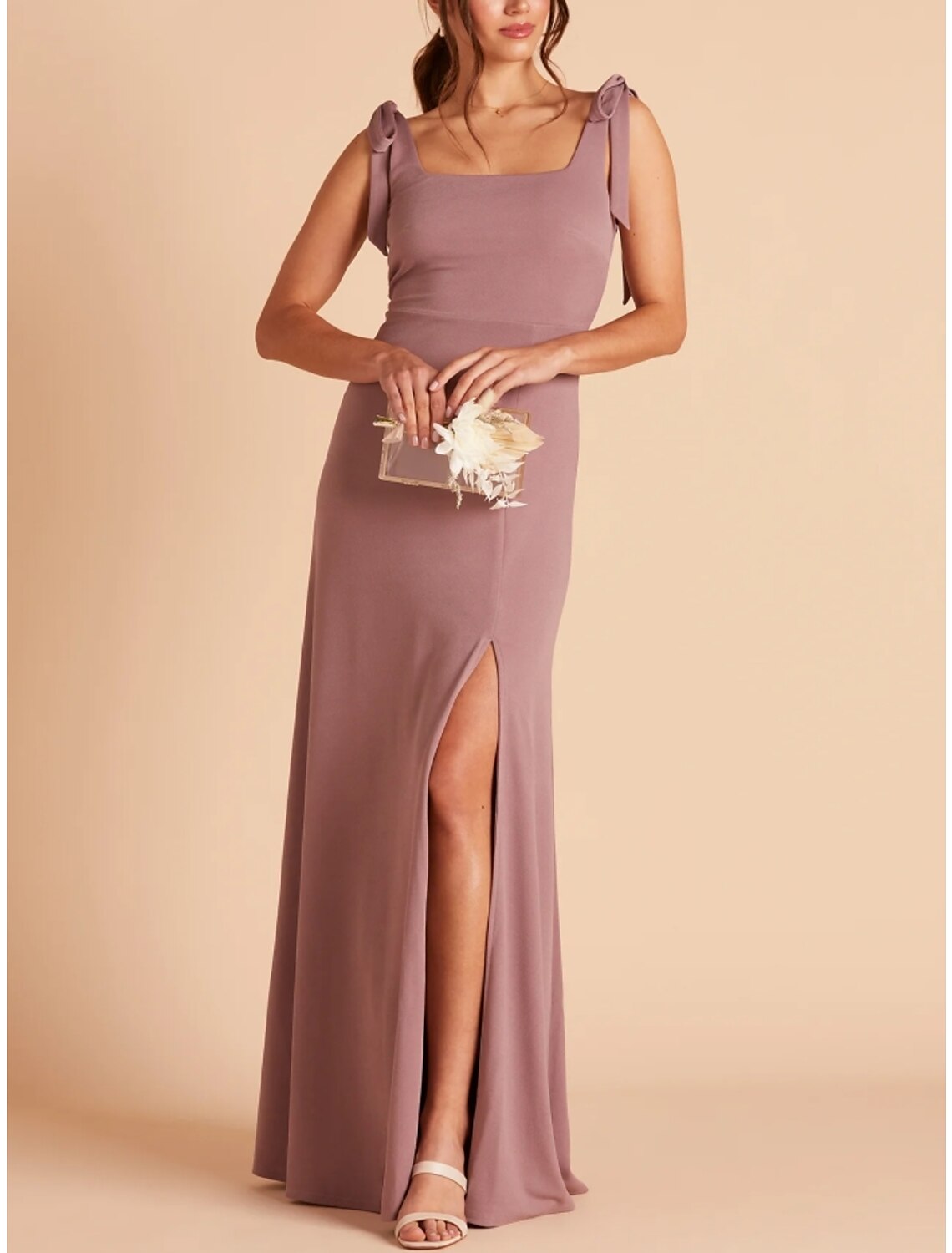 Wholesale Sheath / Column Bridesmaid Dress Square Neck Sleeveless Pink Floor Length Stretch Chiffon with Split Front / Ruching