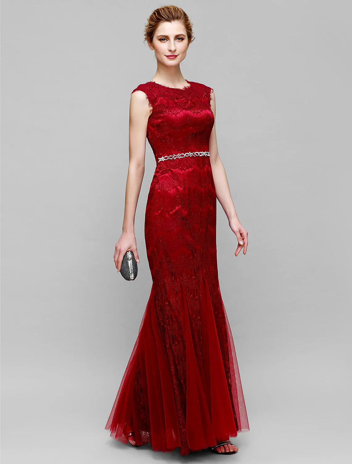 Wholesale Mermaid / Trumpet Mother of the Bride Dress Jewel Neck Ankle Length Lace Tulle Sleeveless No with Lace Crystals