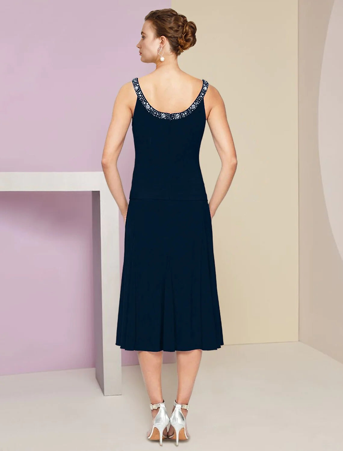 Wholesale A-Line Mother of the Bride Dress Wedding Guest Elegant Petite Jewel Neck Knee Length Stretch Fabric 3/4 Length Sleeve with Pleats Crystals