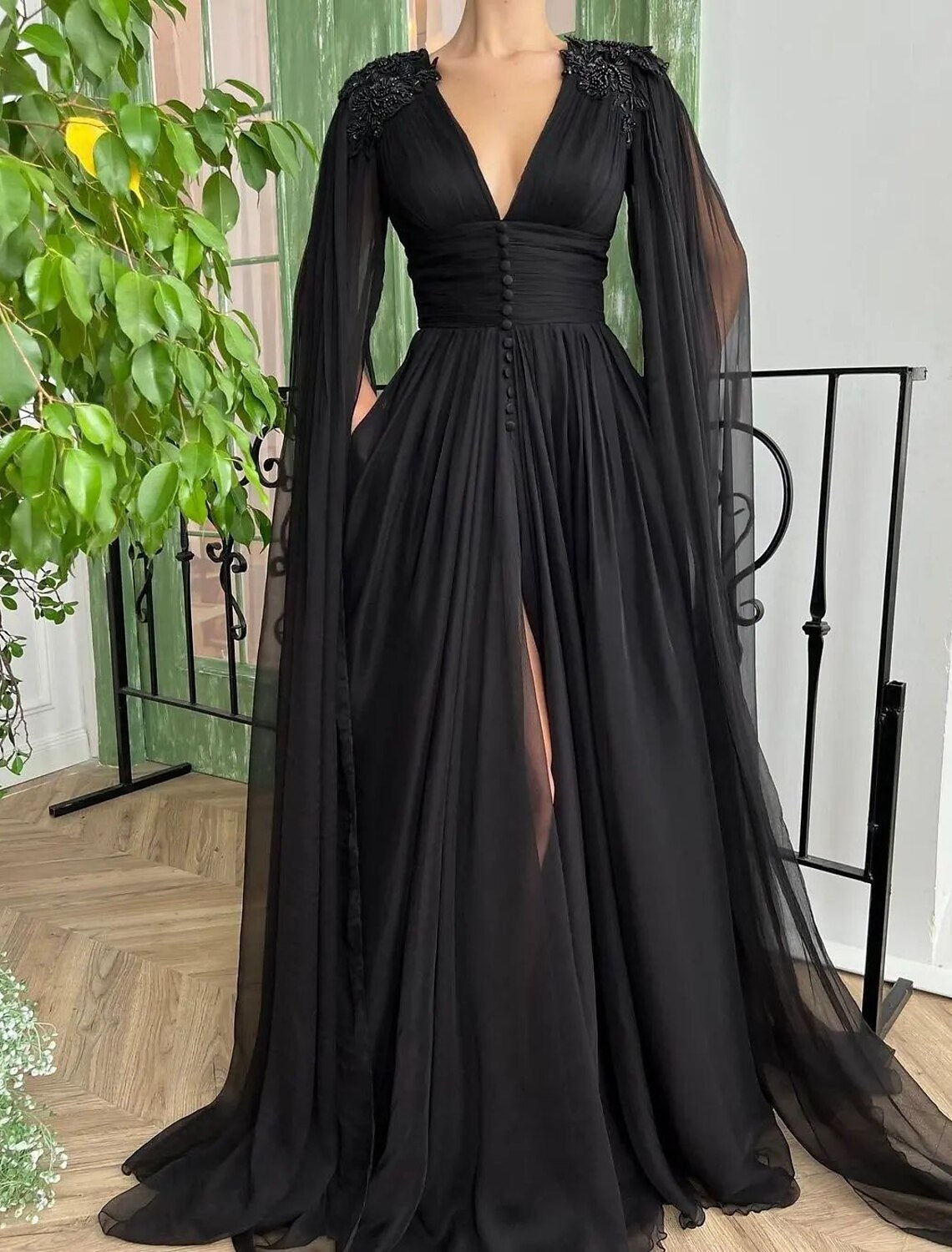 Wholesale A-Line Evening Gown Sexy Dress Formal Wedding Guest Court Train Long Sleeve V Neck Wednesday Addams Family Chiffon with Buttons Slit Appliques