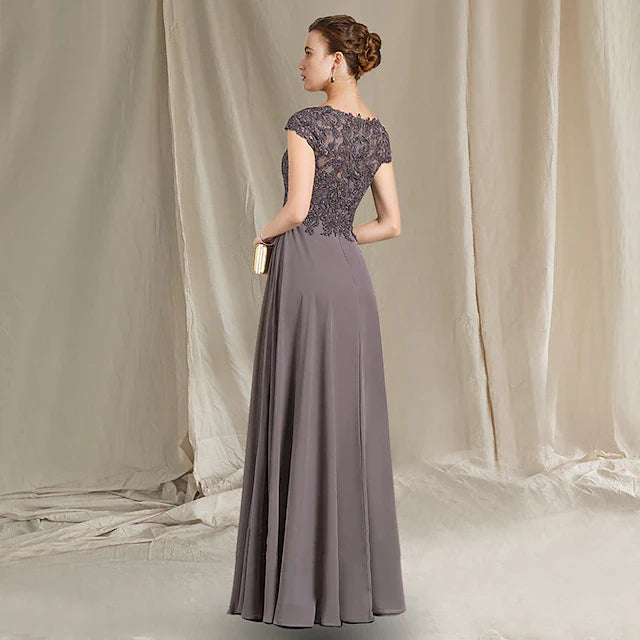 Wholesale A-Line Mother of the Bride Dress Elegant Jewel Neck Floor Length Chiffon Lace Cap Sleeve with Pleats Appliques
