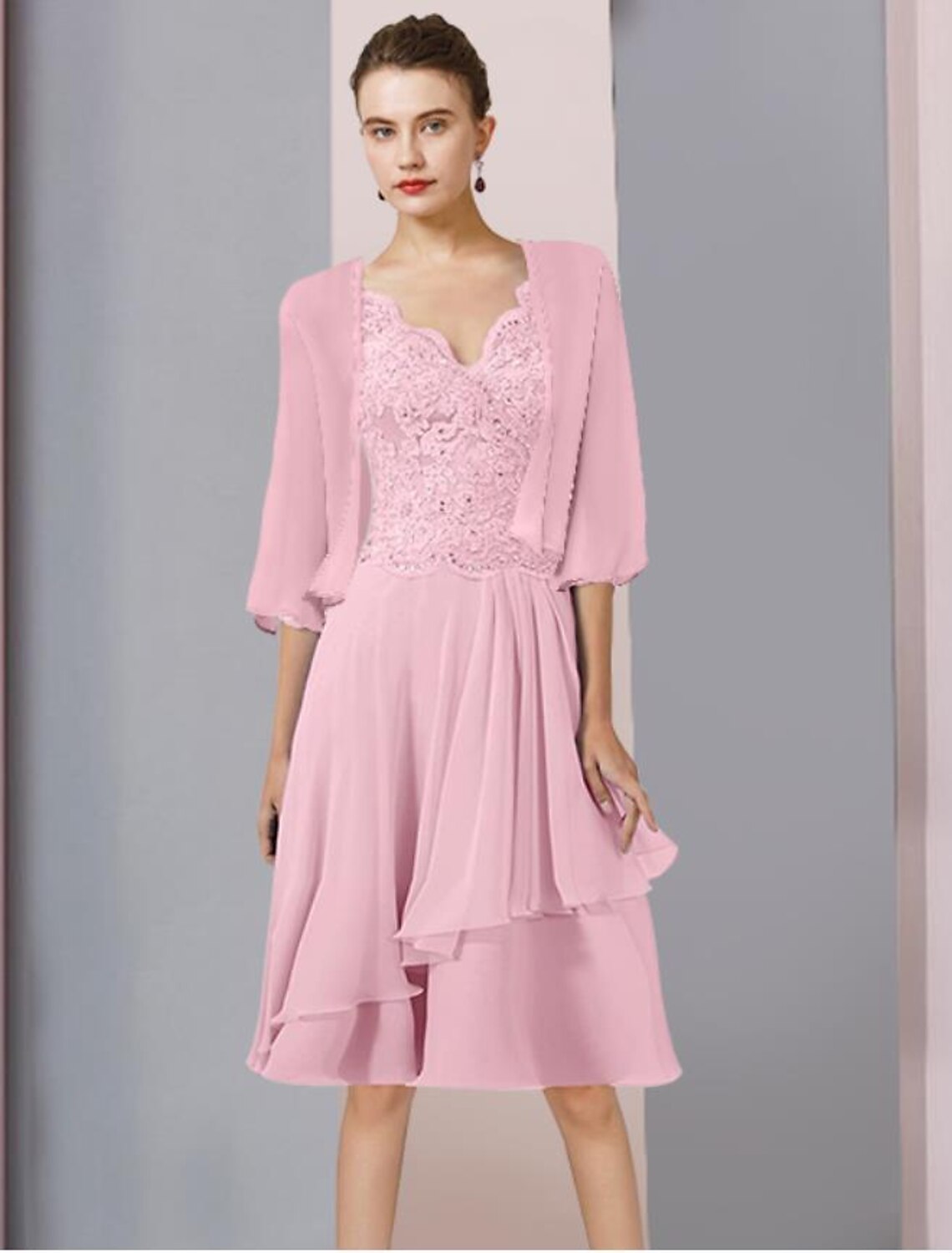 Wholesale  Two Piece A-Line Mother of the Bride Dress Formal Wedding Guest Elegant V Neck Knee Length Chiffon Lace 3/4 Length Sleeve Wrap Included with Beading Sequin Appliques