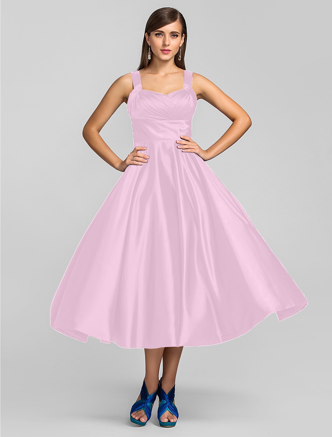 Wholesale  A-Line Minimalist Dress Wedding Guest Cocktail Party Tea Length Sleeveless Square Neck Stretch Satin with Criss Cross