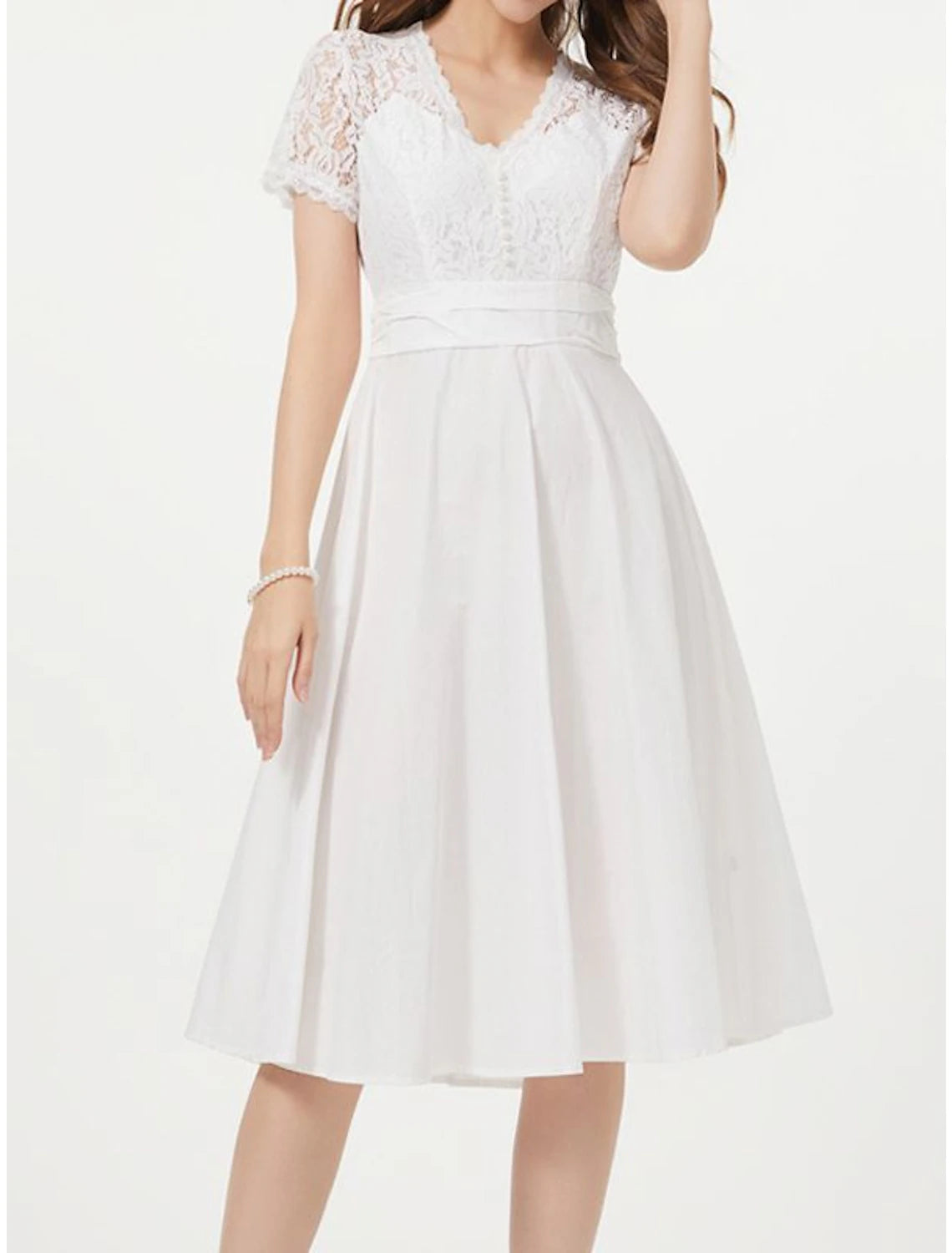 Wholesale A-Line Party Dresses Elegant Dress Wedding Guest Homecoming Knee Length Short Sleeve V Neck Satin with Appliques