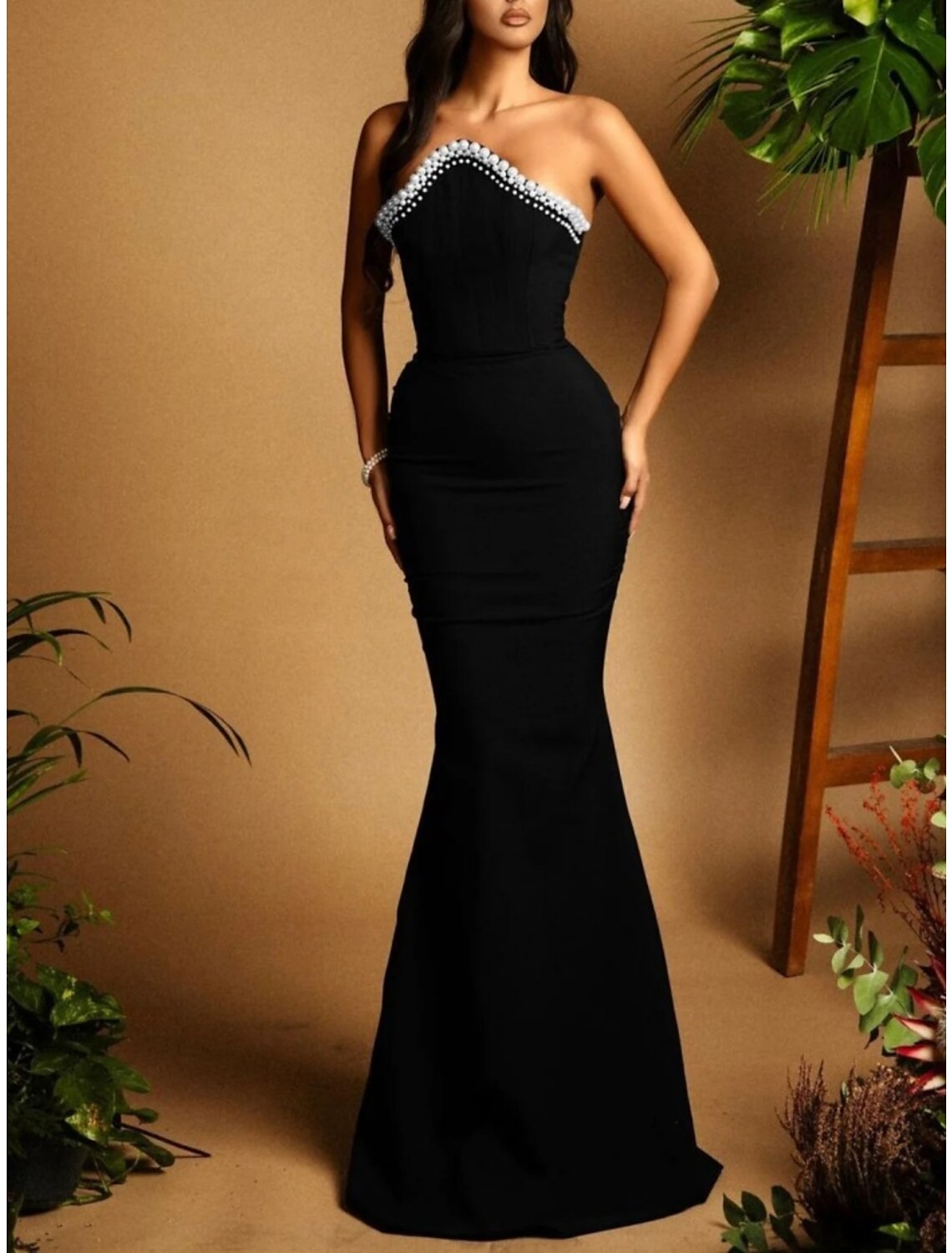 Wholesale Mermaid / Trumpet Evening Gown Elegant Dress Formal Sweep / Brush Train Black Dress Sleeveless Strapless Stretch Fabric with Ruched Beading