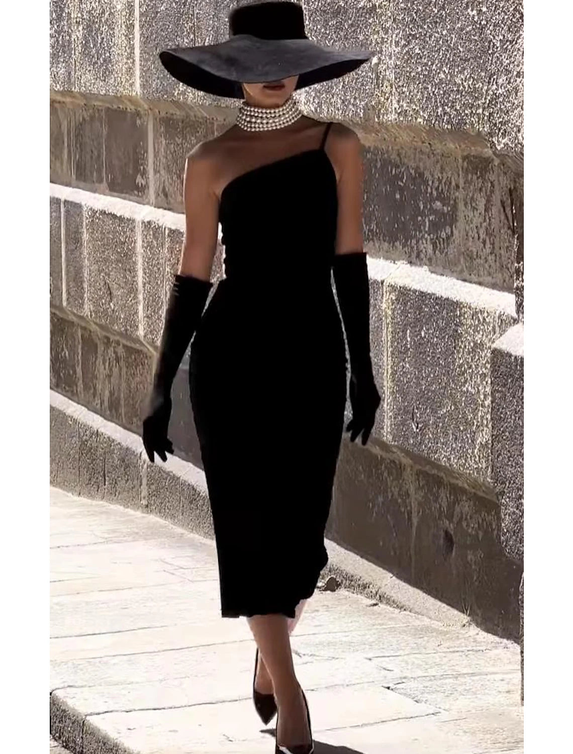 Wholesale Sheath / Column Cocktail Black Dress Vintage Dress Halloween Party Wear Tea Length Sleeveless One Shoulder Stretch Fabric with Strappy