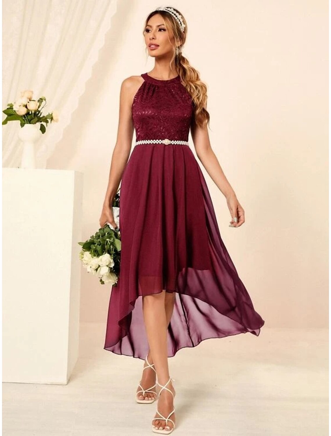 Wholesale A-Line Minimalist Elegant Party Wear Cocktail Party Dress Halter Neck Sleeveless Asymmetrical Nylon with Pleats