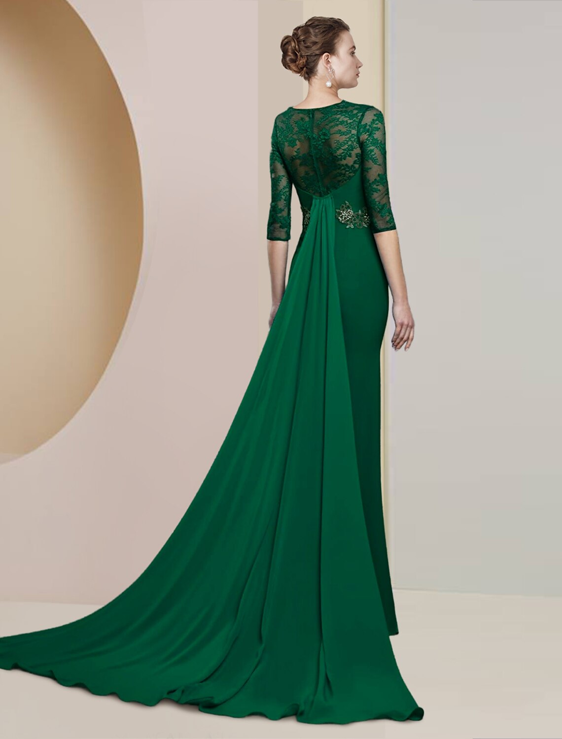 Wholesale Sheath / Column Mother of the Bride Dress Formal Wedding Guest Elegant Scoop Neck Floor Length Chiffon Lace Half Sleeve with Appliques