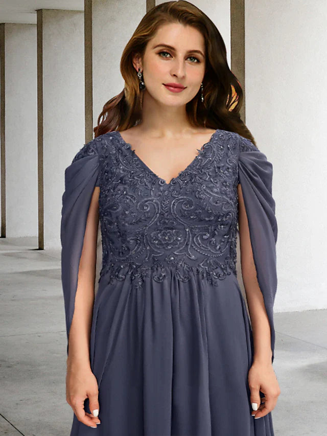 Wholesale A-Line Plus Size Curve Mother of the Bride Dresses Elegant Dress Formal Floor Length Short Sleeve V Neck Chiffon with Pleats Beading Appliques