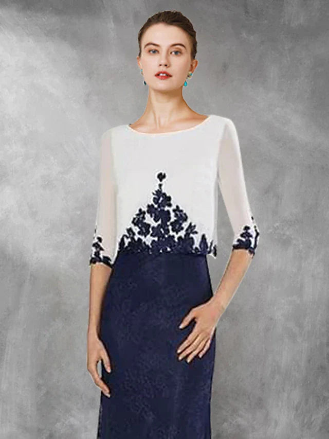 Wholesale Two Piece Sheath / Column Mother of the Bride Dress Wedding Guest Vintage Elegant Jewel Neck Floor Length Chiffon Lace Half Sleeve with Appliques Color Block