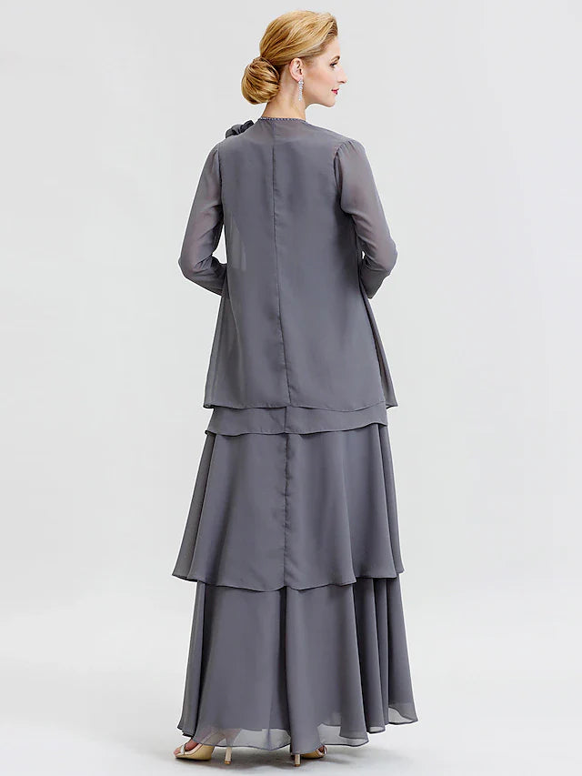 Wholesale A-Line Mother of the Bride Dress Formal Floral Convertible Dress Scoop Neck Floor Length Chiffon Long Sleeve Wrap Included with Beading Flower Tiered
