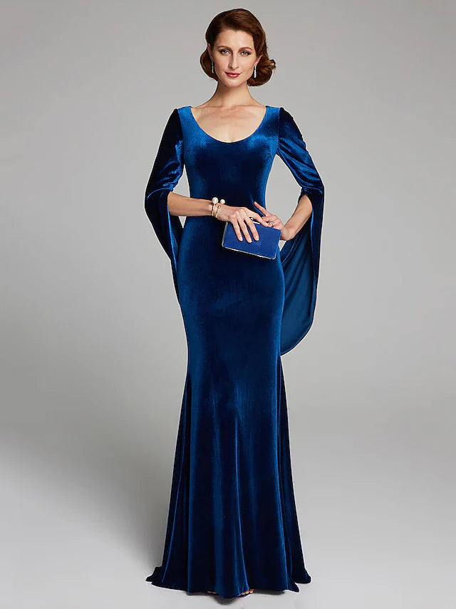 Wholesale Mermaid / Trumpet Mother of the Bride Dress Vintage Plus Size Sexy Scoop Neck Sweep / Brush Train Velvet Long Sleeve with Pleats