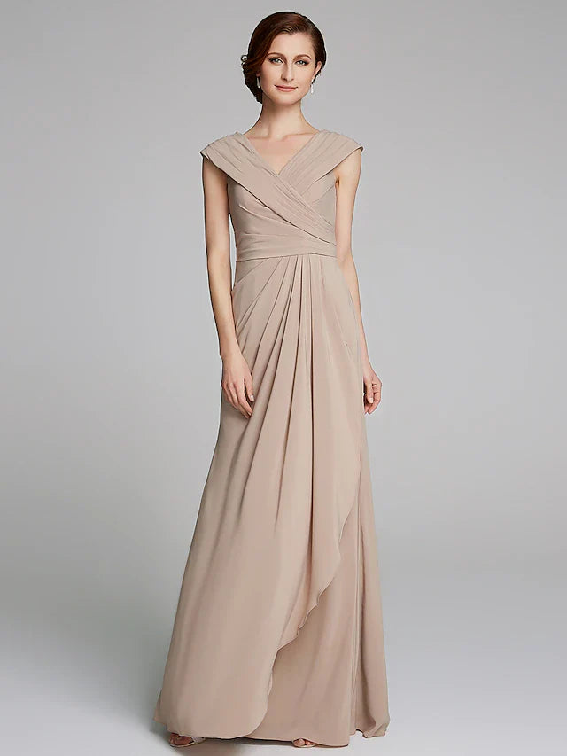 Wholesale Sheath / Column Mother of the Bride Dress Elegant V Neck Floor Length Jersey Short Sleeve with Pleats
