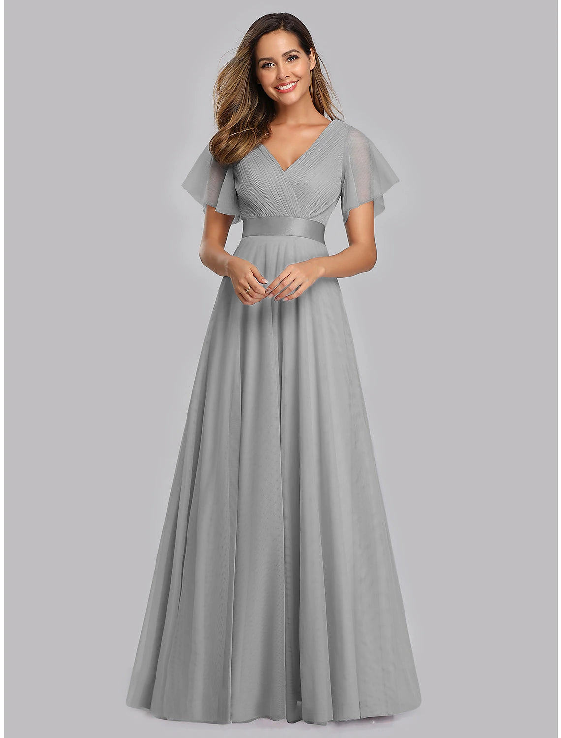 Wholesale  A-Line Empire Wedding Guest Prom Dress V Neck V Back Short Sleeve Floor Length Chiffon with Pleats Ruched