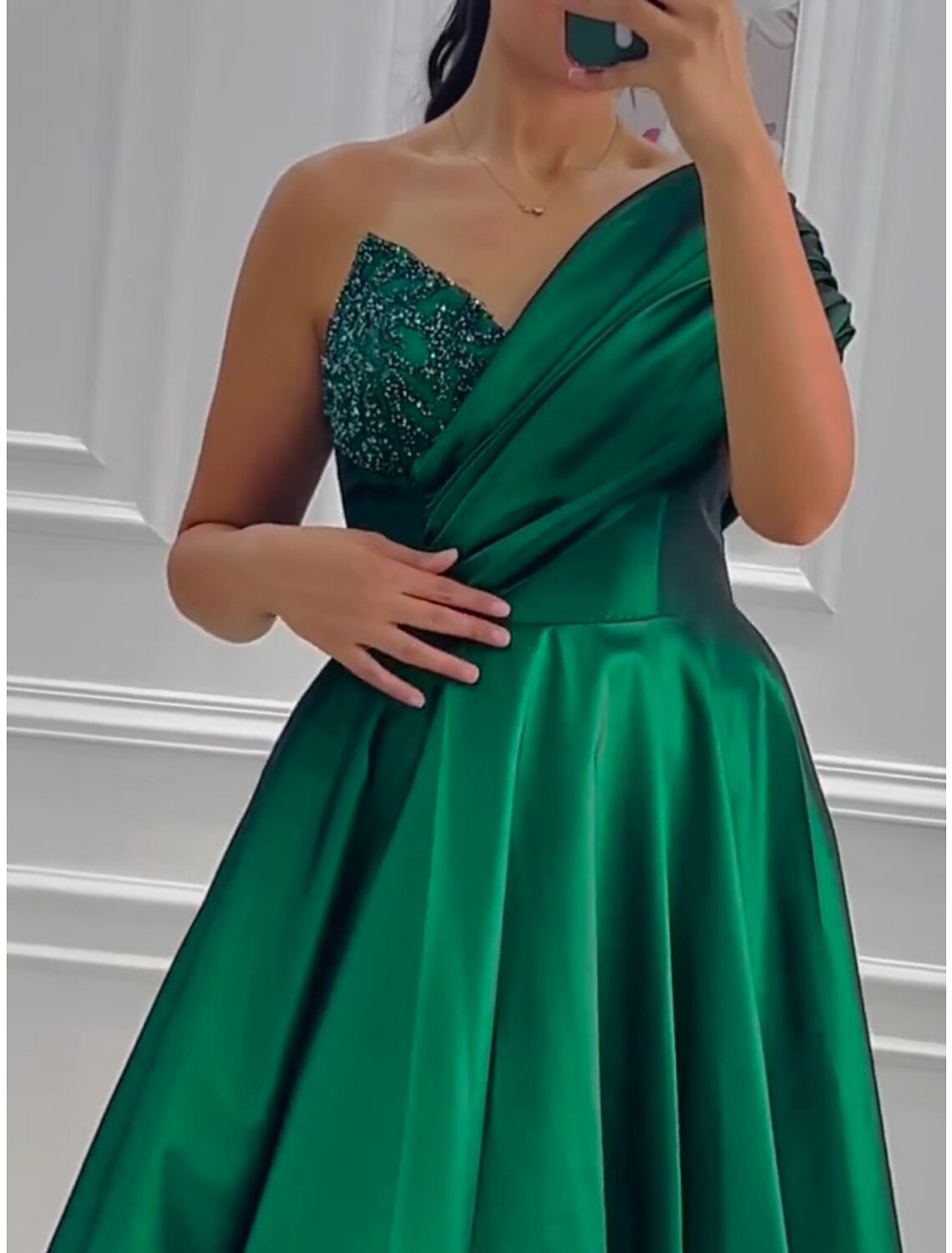 Wholesale A-Line Evening Gown Elegant Dress Formal Floor Length Christmas Red Green Dress Short Sleeve One Shoulder Satin with Pleats Ruched Sequin