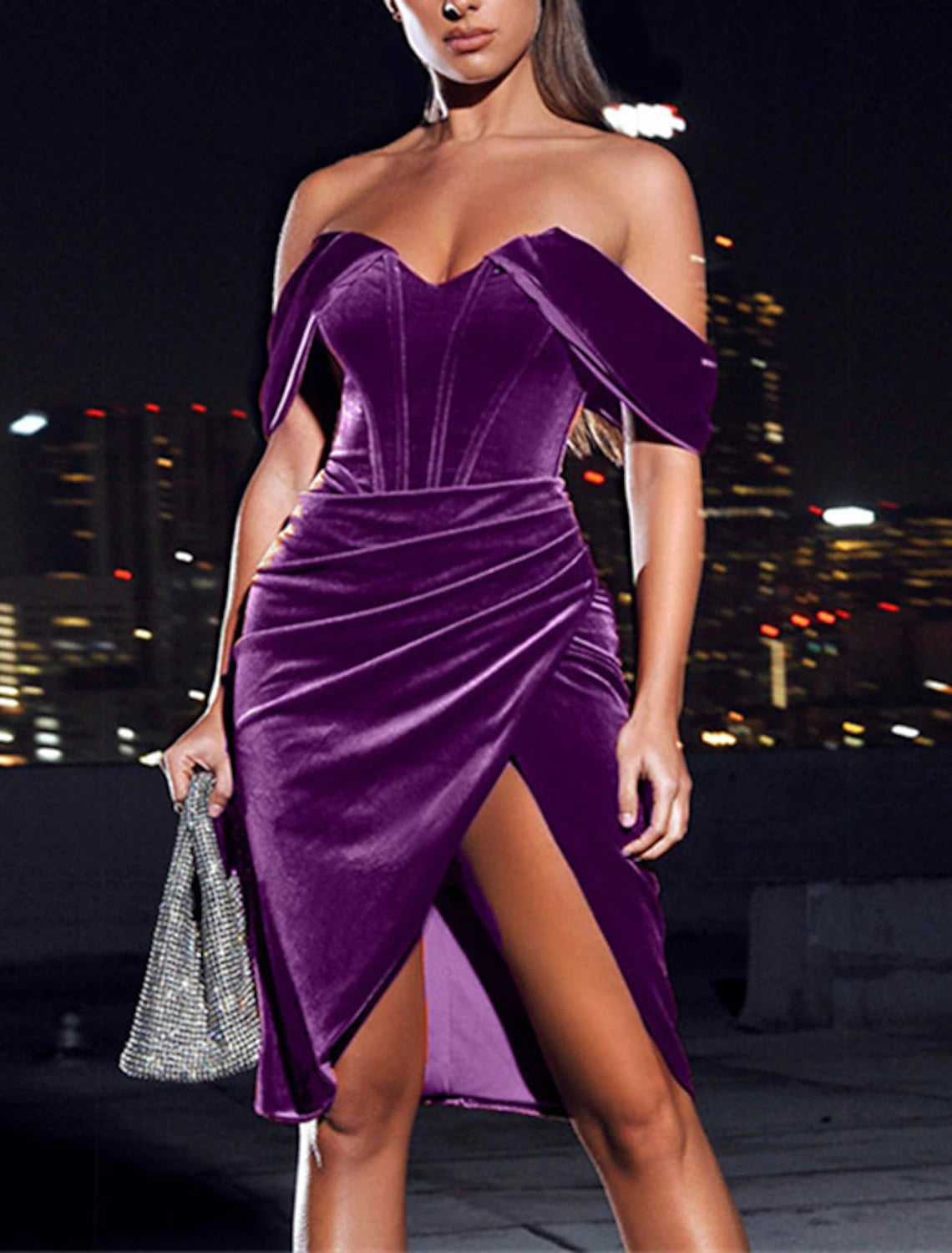 Wholesale Sheath / Column Cocktail Dresses Party Dress Cocktail Party Birthday Knee Length Short Sleeve Off Shoulder Velvet with Ruched Slit