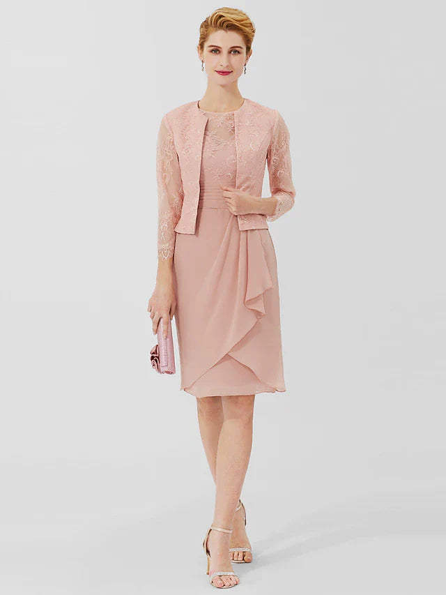 Wholesale Sheath / Column Mother of the Bride Dress Formal Classic & Timeless Elegant & Luxurious Convertible Dress Jewel Neck Knee Length Chiffon Sheer Lace 3/4 Length Sleeve with Sash / Ribbon