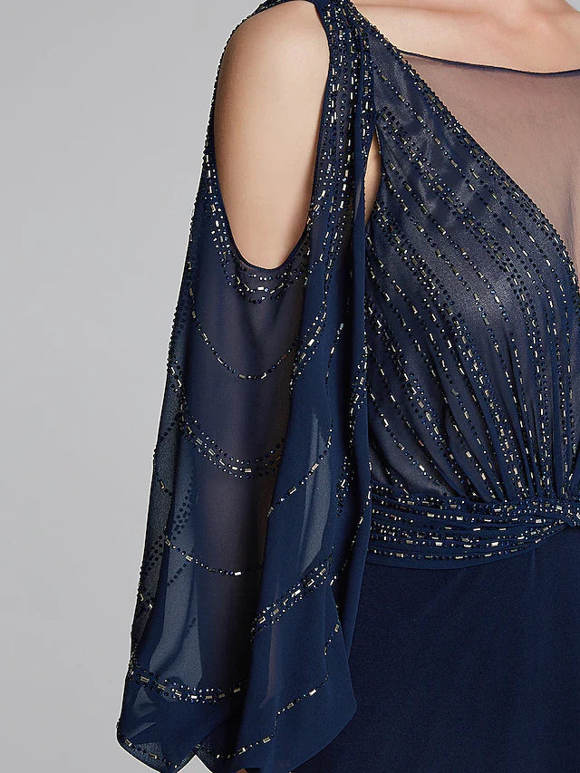 Wholesale Sheath / Column Mother of the Bride Dress Sparkle & Shine Boat Neck Floor Length Chiffon Jersey Long Sleeve No with Beading Ruching