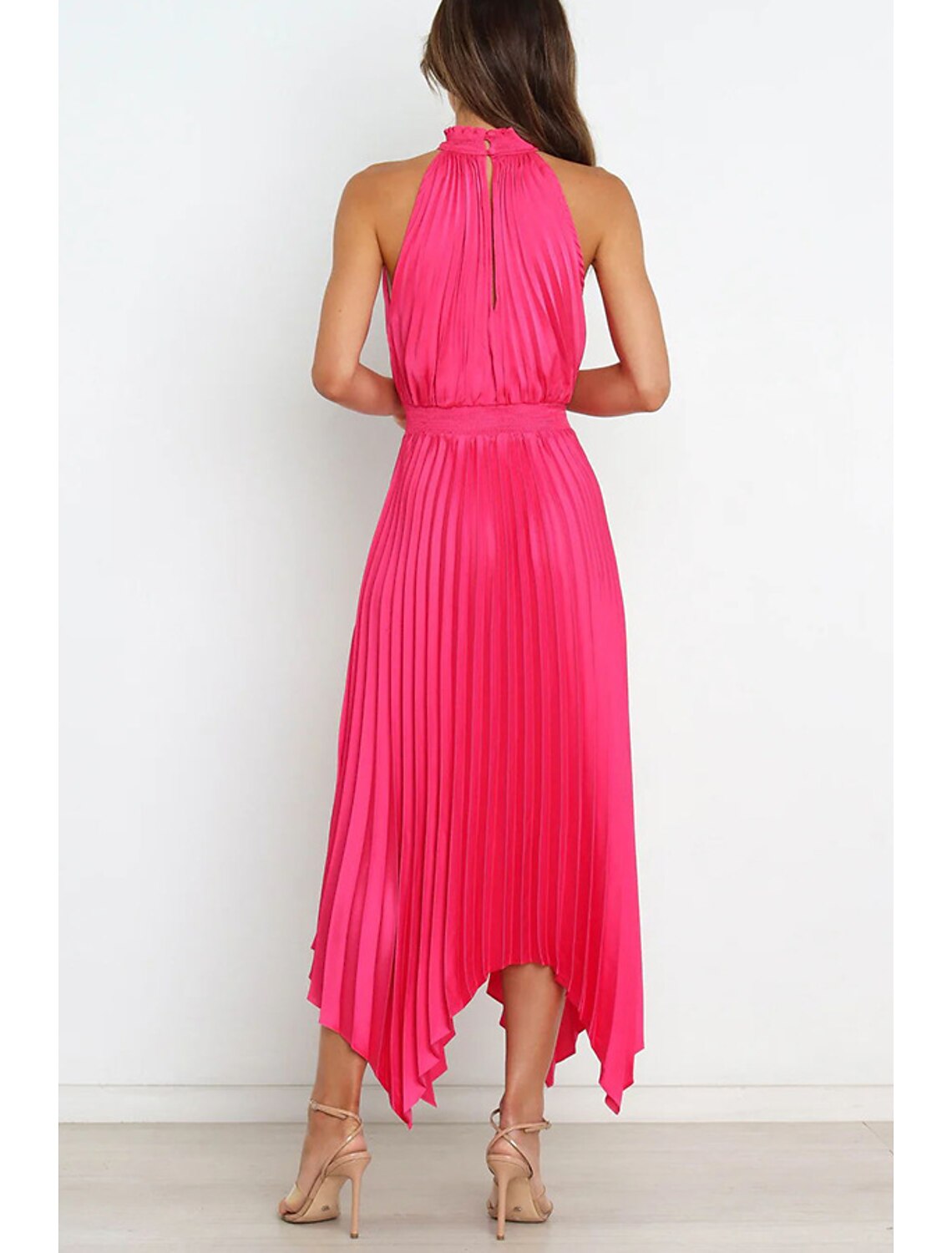 Wholesale A-Line Party Dresses Casual Dress Homecoming Wedding Guest Asymmetrical Sleeveless Halter Neck Satin with Pleats