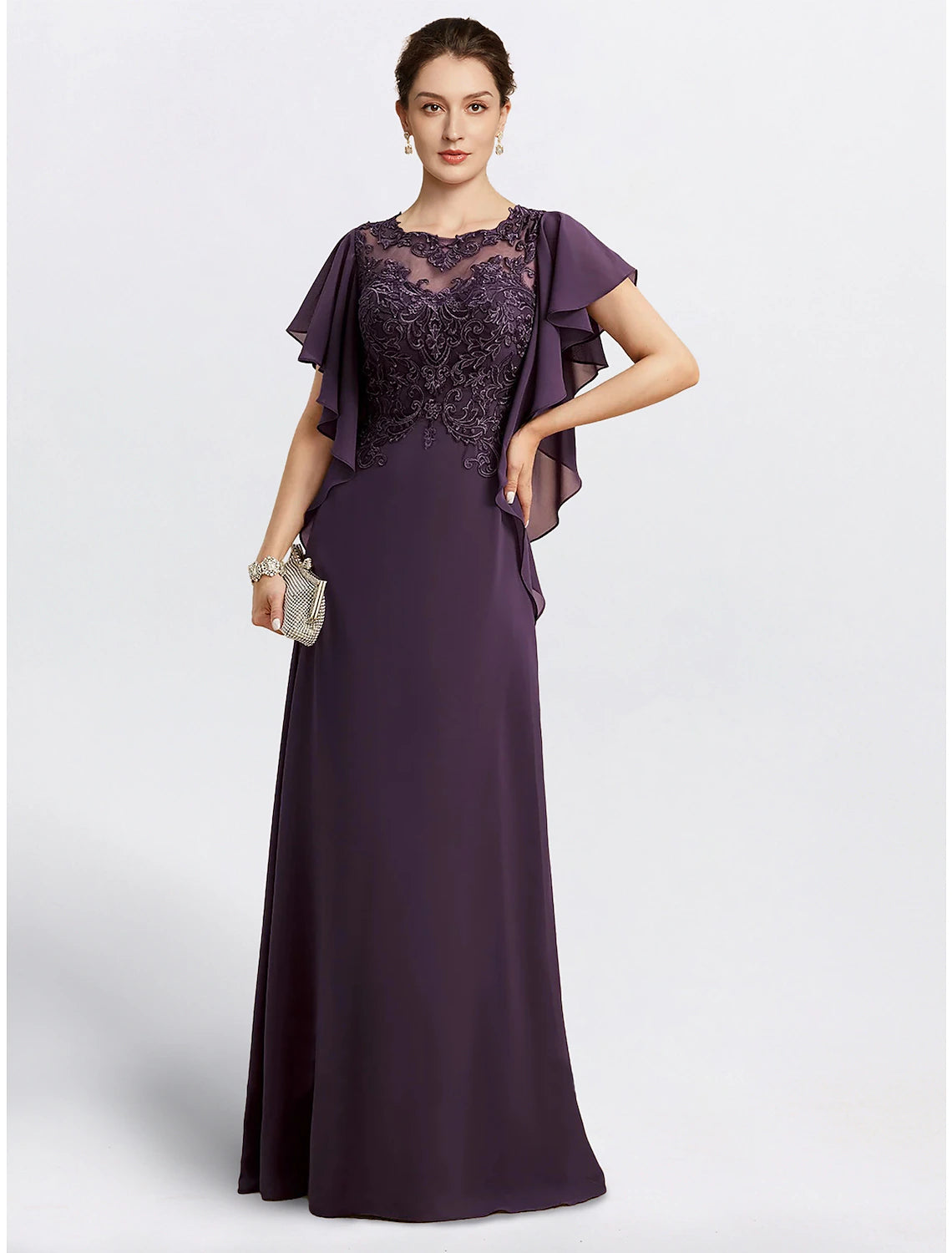 Wholesale Sheath Mother of the Bride Dress Cape Dress Formal Wedding Guest Elegant Jewel Neck Floor Length Chiffon Short Sleeve with Beading Appliques