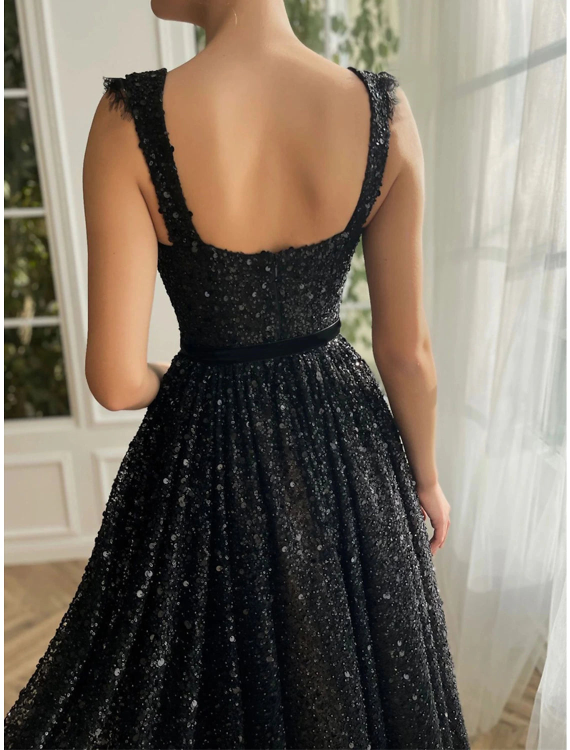 Wholesale Women's Black Sequin Dress Prom Dress Party Dress Lace Dress Sparkly Dress Black Dress Black Homecoming Dress Long Dress Maxi Dress Sleeveless Sparkly Glitter Spring Fall Winter Square