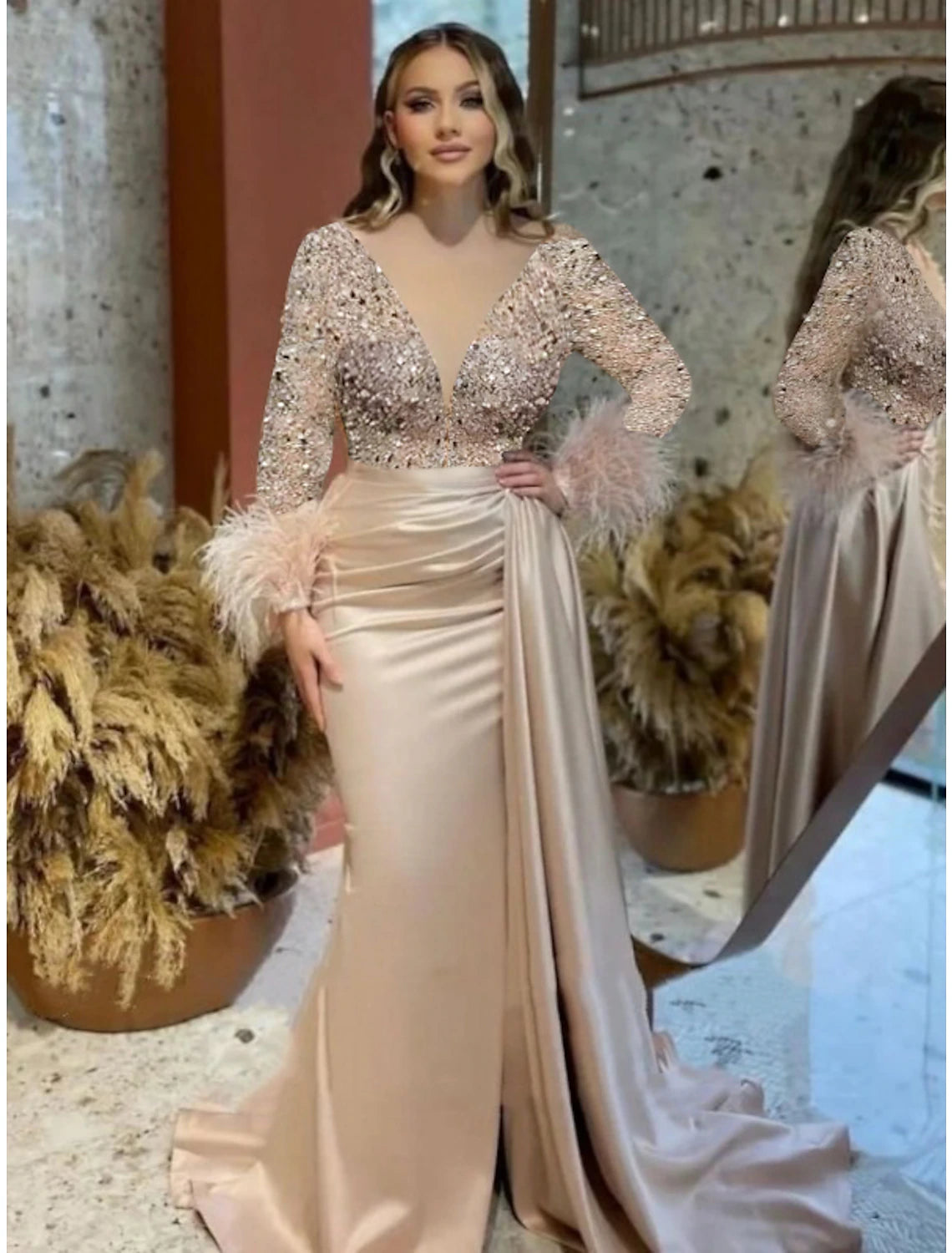 Wholesale Mermaid Plus Size Dress Champagne Satin Evening Gown Sparkle Sequin Dress Walk Through Formal Wedding Court Train Long Sleeve V Neck with Feather Glitter Ruched