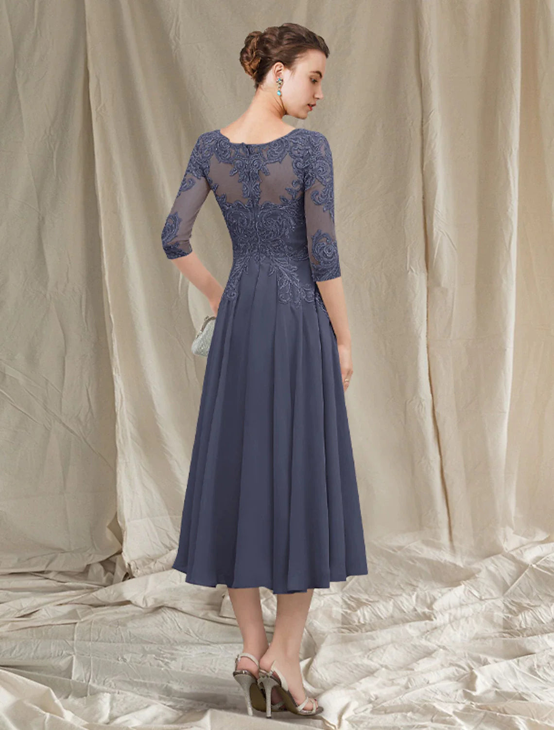 Wholesale A-Line Mother of the Bride Dress Elegant Jewel Neck Tea Length Chiffon Lace Half Sleeve with Pleats Appliques
