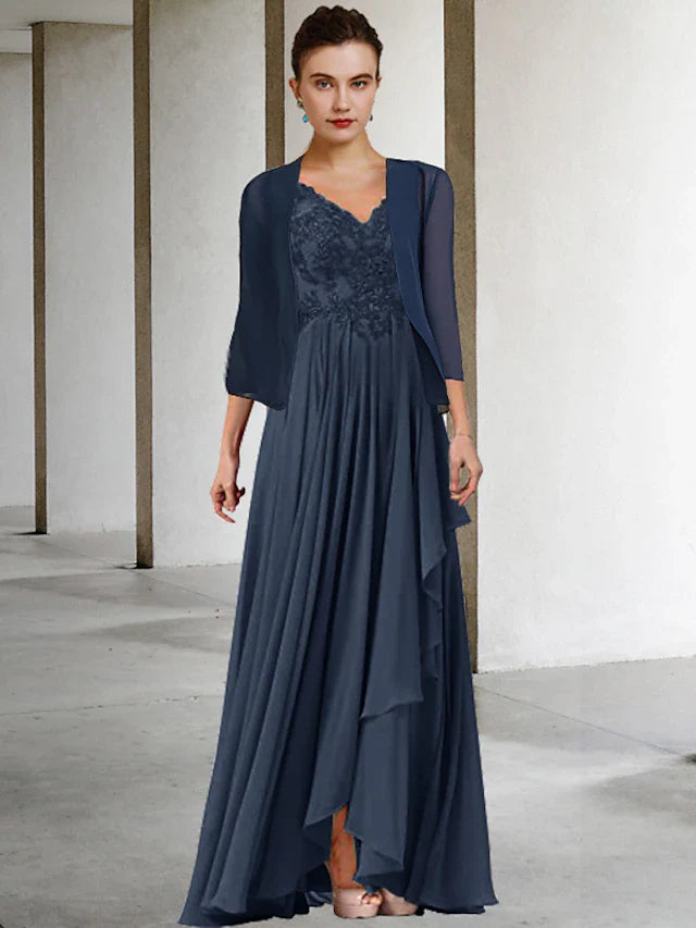 Wholesale Two Piece A-Line Mother of the Bride Dress Plus Size Elegant High Low V Neck Asymmetrical Floor Length Chiffon Lace Half Sleeve Wrap Included Jacket Dresses with Pleats Appliques