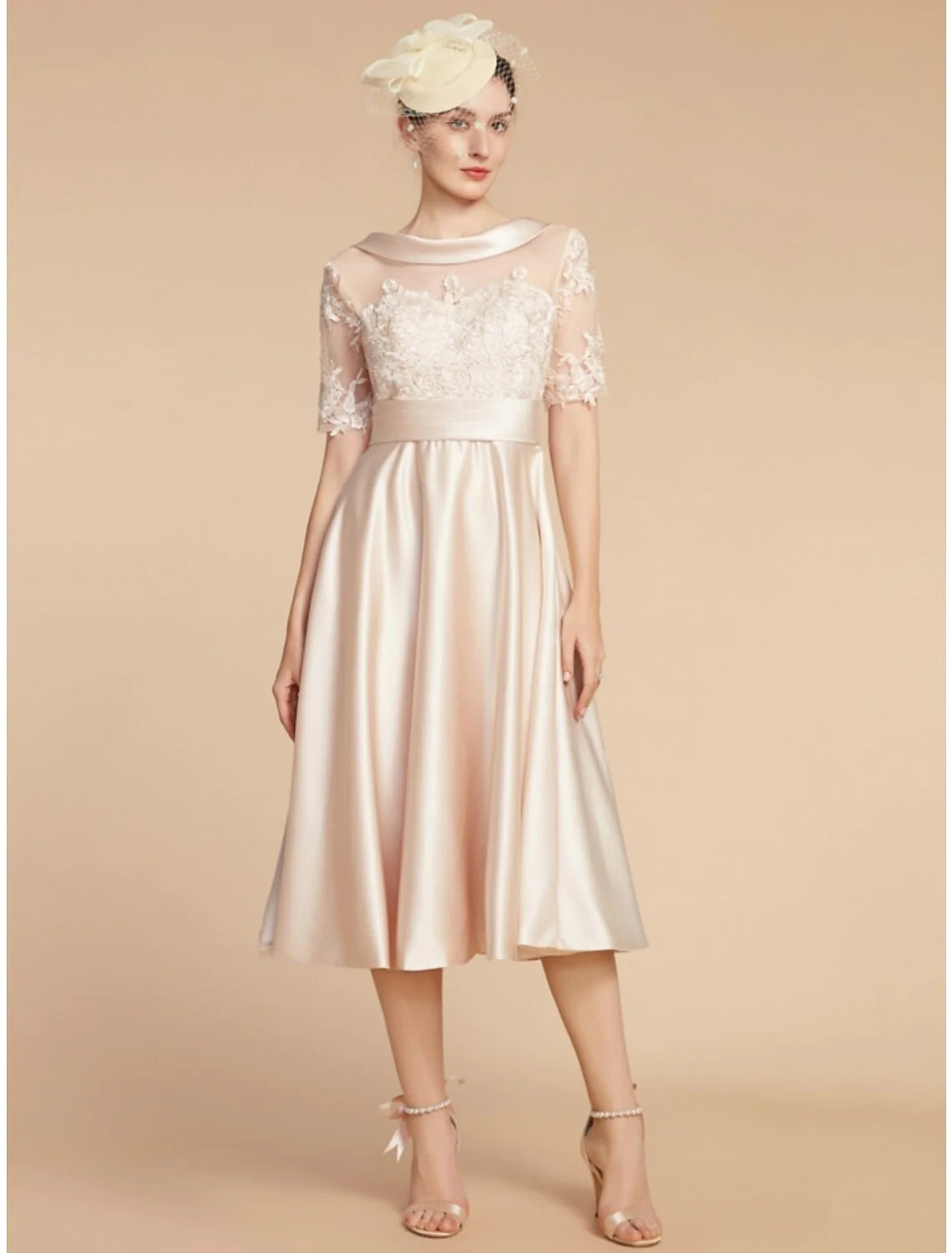 Wholesale A-Line Mother of the Bride Dress Wedding Guest Elegant Petite Scoop Neck Knee Length Satin Lace Half Sleeve with Appliques Ruching Solid Color