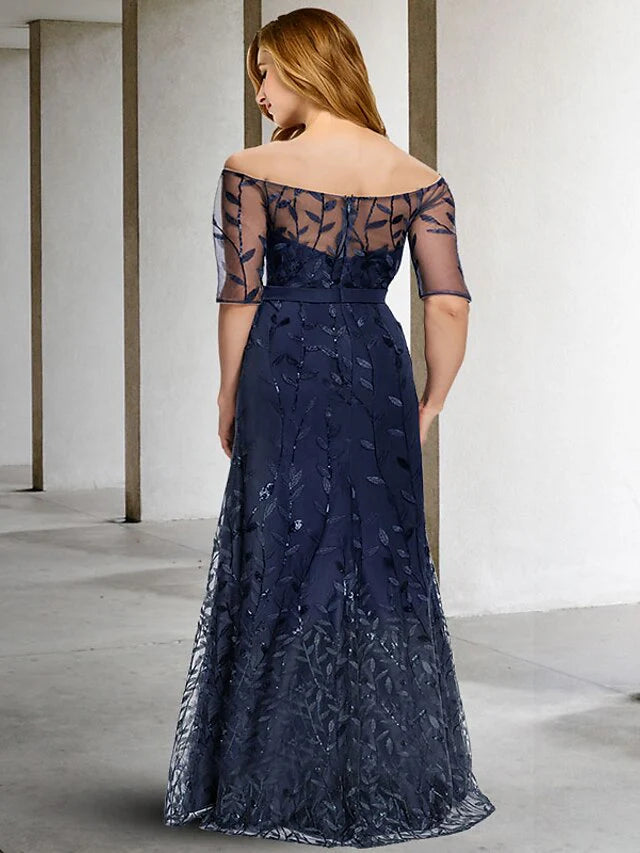 Wholesale A-Line Plus Size Curve Mother of the Bride Dresses Plus Size Dress Formal Floor Length Half Sleeve Off Shoulder Tulle with Sequin Embroidery