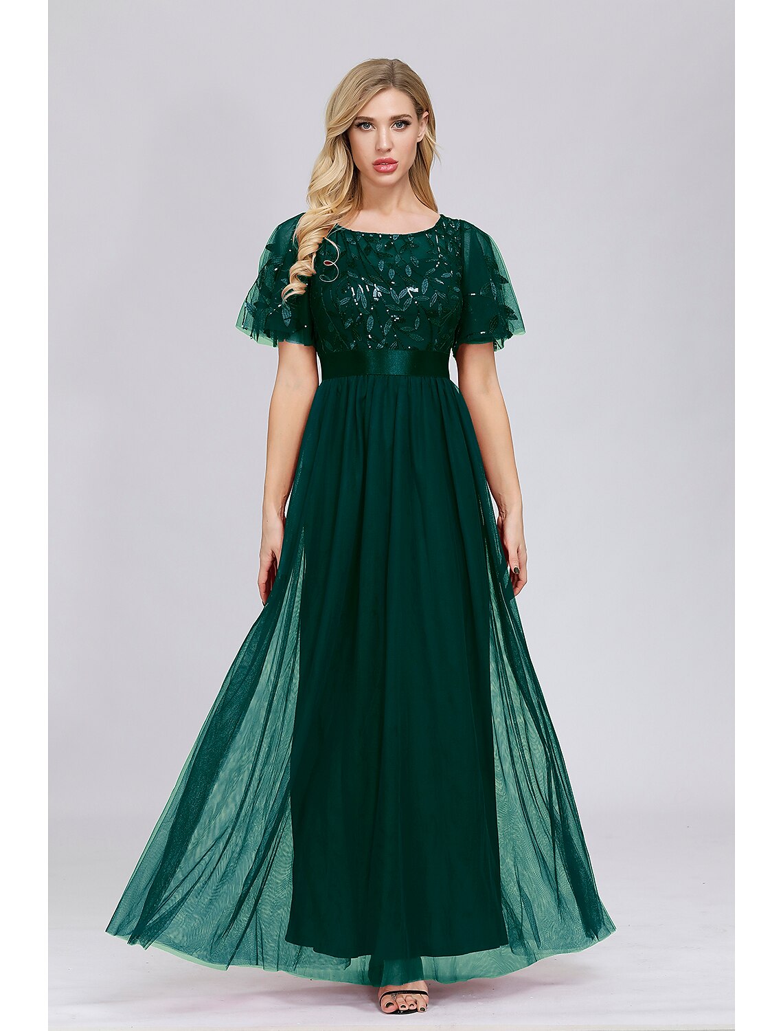 Wholesale A-Line Empire Elegant Party Wear Prom Dress Jewel Neck Short Sleeve Floor Length Tulle with Embroidery
