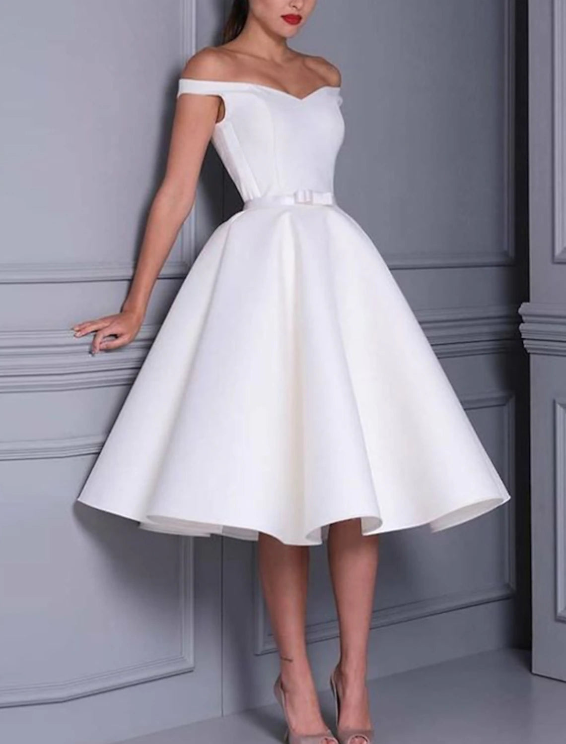 Wholesale A-Line Cocktail Dresses 1950s Little White Dress For Wedding Tea Length Sleeveless Off Shoulder Satin with Sleek Bow(s) Pure Color