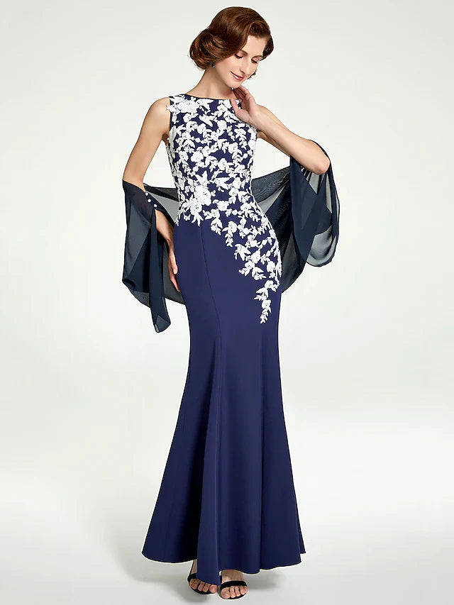 Wholesale Mermaid / Trumpet Mother of the Bride Dress Jewel Neck Floor Length Chiffon Lace Sleeveless with Lace