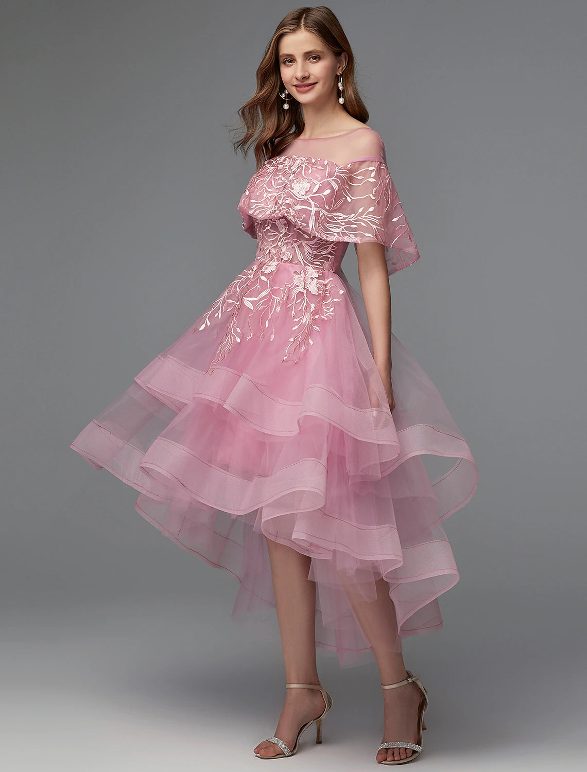 Wholesale  A-Line Elegant Dress Holiday Wedding Guest Asymmetrical Sleeveless Illusion Neck Lace Tie Back with Lace Insert