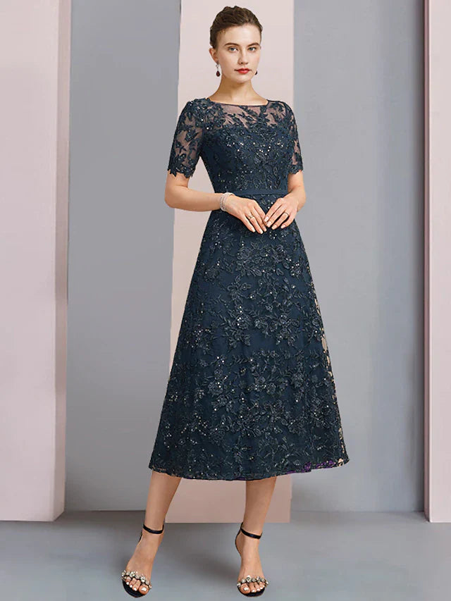 Wholesale Two Piece A-Line Mother of the Bride Dress Elegant Scoop Neck Tea Length Lace Short Sleeve with Sequin Appliques